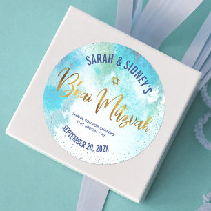 Sticker Rond Aquarelle Turquoise B'nai Mitzvah Gold Script