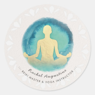 Sticker Rond Aquarelle turquoise or YOGA instructeur de méditat