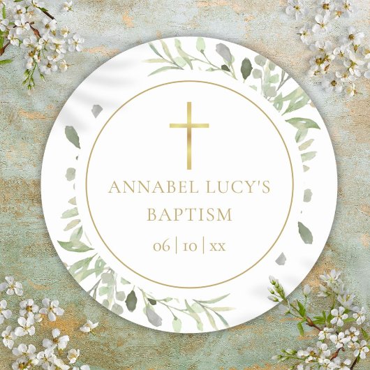 Sticker Rond Aquarelle Verdure Baptême Christening