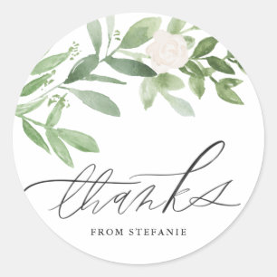 Sticker Rond Aquarelle Verdure et Merci de fleurs blanches