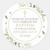 Sticker Rond Aquarelle Verdure Or Baptême Merci (Devant)