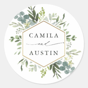 Sticker Rond Aquarelle Verdure or Hexagon Mariage