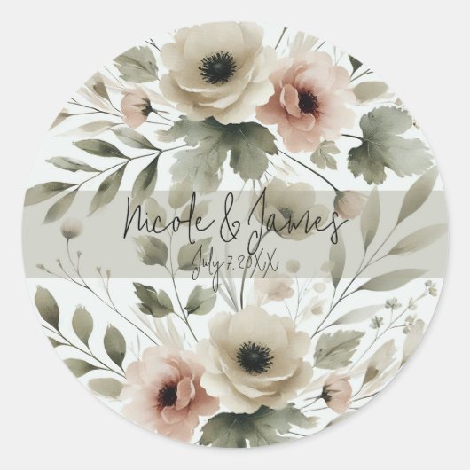 Sticker Rond Aquarelle vert d'olive kaki Mariage de fleurs (Devant)