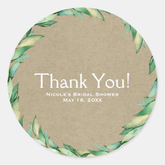 Sticker Rond Aquarelle Vert Feuille Rustique Mariage Kraft (Devant)