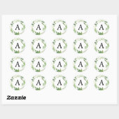 Sticker Rond Aquarelle Vert Mariage Monogramme (Feuille)