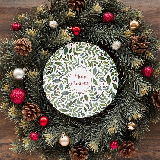 Sticker Rond Aquarelle verte branches saisonnières et baies