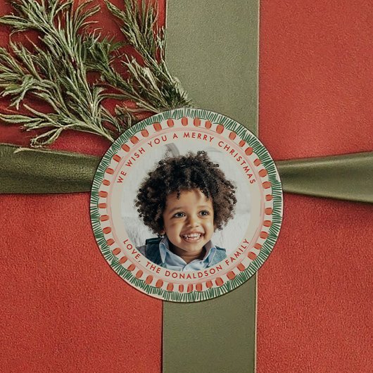 Sticker Rond Aquarelle verte et rouge Joyeuse photo Fringe