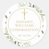 Sticker Rond Aquarelle verte Floral Gold Confirmation (Devant)