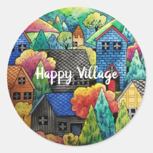 Sticker Rond Aquarelle Village Sur La Colline Avec Maisons Colo