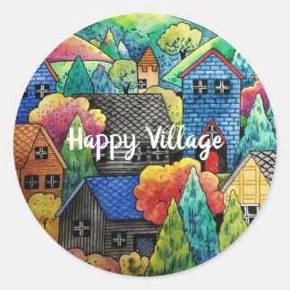 Sticker Rond Aquarelle Village Sur La Colline Avec Maisons Colo
