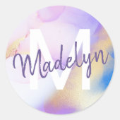 Sticker Rond Aquarelle violet Abstrait Girly Luxury Monogramme (Devant)