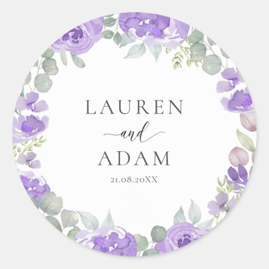 Sticker Rond Aquarelle violet Mariage Floral (Devant)