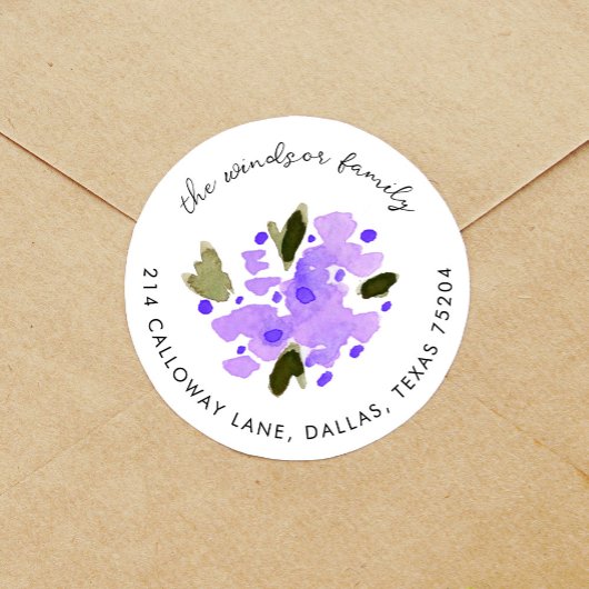 Sticker Rond Aquarelle violette Bouquet Floral Adresse de retou