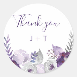 Sticker Rond Aquarelle violette et argentée Mariage floral