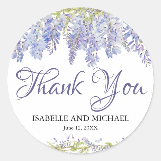 Sticker Rond Aquarelle violette et bleu Merci Mariage Floral (Devant)