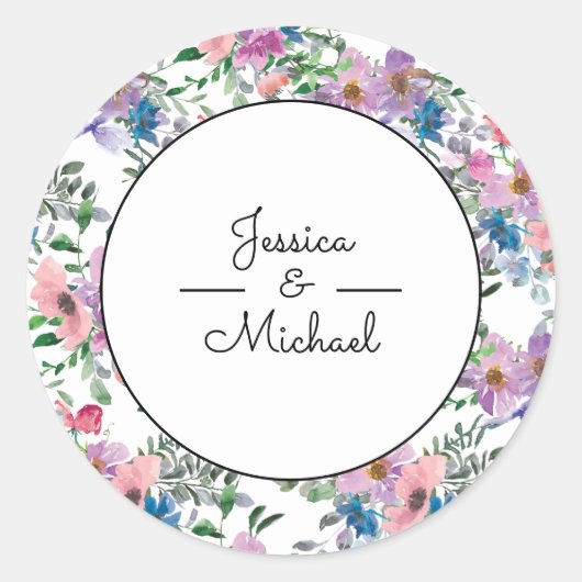 Sticker Rond Aquarelle violette Floral Couple's Names Blanc (Devant)