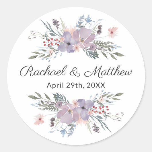 Sticker Rond Aquarelle violette Floral Mariage Faveur (Devant)