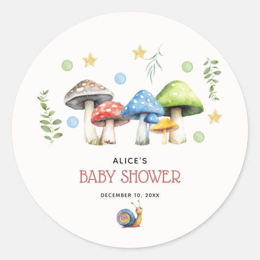 Sticker Rond Aquarelle Whimsical Baby shower de champignon (Devant)