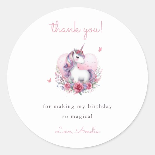Sticker Rond Aquarelle Whimsical Unicorn Merci rose (Devant)