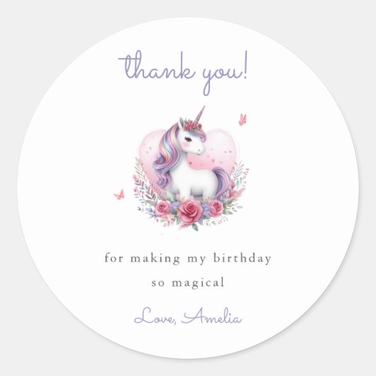 Sticker Rond Aquarelle Whimsical Unicorn Merci violet (Devant)