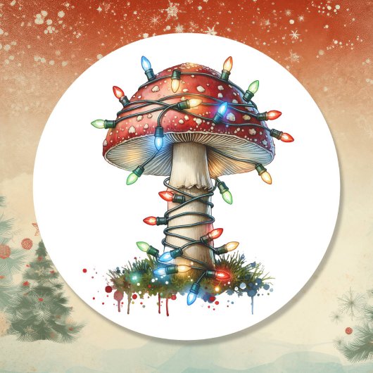 Sticker Rond Aquarelle Whimsical Vintage Champignons Noël