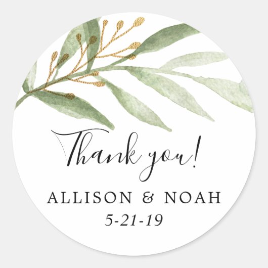 Sticker Rond Aquarelles vertes or vert feuilles faveur (Devant)