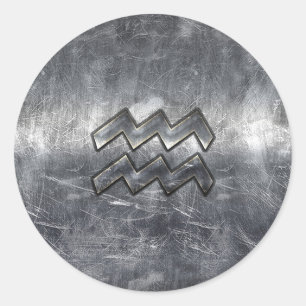 Sticker Rond Aquarius Zodiac style acier argenté déprimé