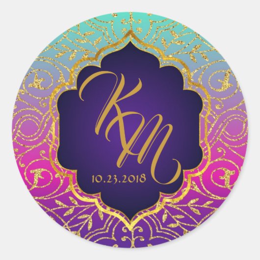 Sticker Rond Arabian Nights Bollywood Monogram Mariage Étiquett (Devant)