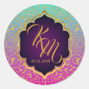 Sticker Rond Arabian Nights Bollywood Monogram Mariage Étiquett