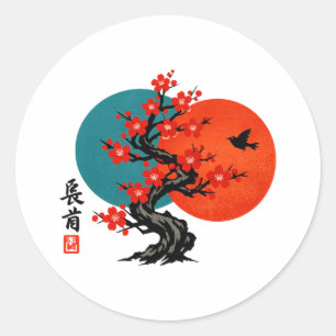 Sticker Rond Arbre à fleurs de prunier Zen, art à l'encre japon