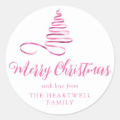 Sticker Rond Arbre à ruban rose Joyeux Noël Script (Devant)