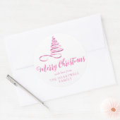 Sticker Rond Arbre à ruban rose Joyeux Noël Script (Enveloppe)