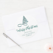 Sticker Rond Arbre à ruban sarcelle Joyeux Noël Script (Enveloppe)