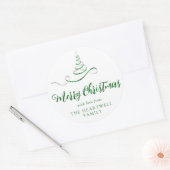Sticker Rond Arbre à ruban vert Joyeux Noël Script (Enveloppe)
