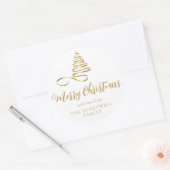 Sticker Rond Arbre au ruban doré Joyeux Noël Script (Enveloppe)