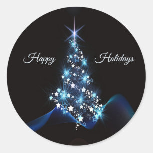 Sticker Rond Arbre Bleu de Fête de Noël Élégant Noir Brillante