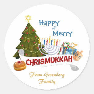 Sticker Rond Arbre de Chrismukkah des Fêtes Mélangées Joyeux, M
