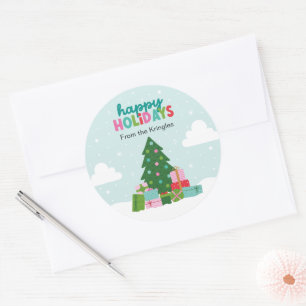 Sticker Rond Arbre de Fêtes Joyeuses avec Cadeaux en Bleu Aqua