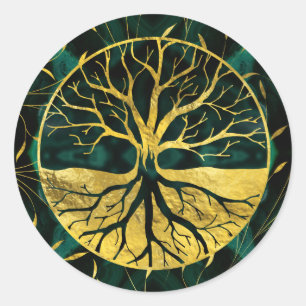 Sticker Rond Arbre de la vie d'or Yggdrasil sur la malachite