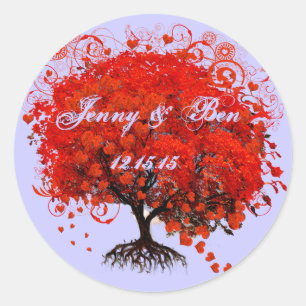 Sticker Rond Arbre de mariage à feuilles en forme de cœur rouge