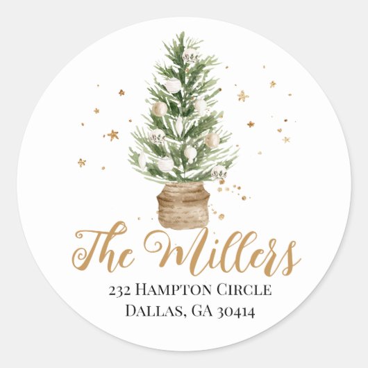 Sticker Rond Arbre de Noël aquarelle étoiles dorées (Devant)