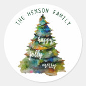 Sticker Rond Arbre de Noël Aquarelle Joyeux Jolly Happy (Devant)