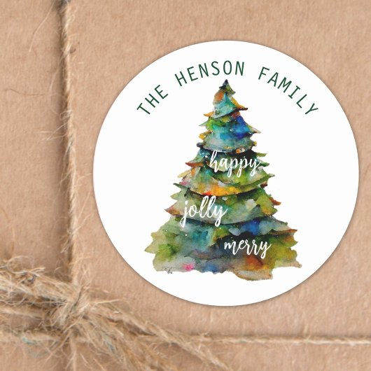 Sticker Rond Arbre de Noël Aquarelle Joyeux Jolly Happy