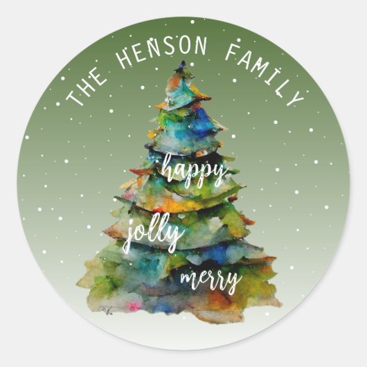 Sticker Rond Arbre de Noël Aquarelle Joyeux Jolly Happy (Devant)