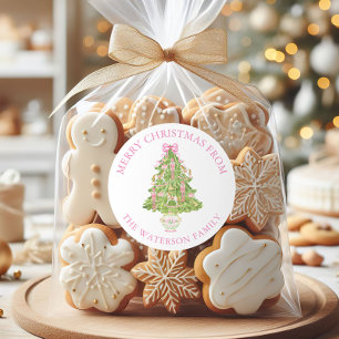 Sticker Rond Arbre de Noël Aquarelle rose