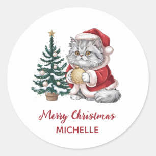 Sticker Rond Arbre de Noël avec chat personnalisé et chapeau de