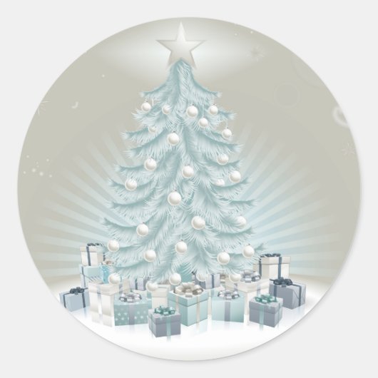 Sticker Rond Arbre de Noël bleu argenté, boules et cadeaux (Devant)