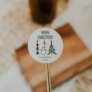 Sticker Rond Arbre de Noël Bonhomme de Neige Abstrait Vert Dess