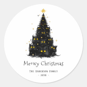 Sticker Rond Arbre de Noël Chat Noir Amusant Meowy