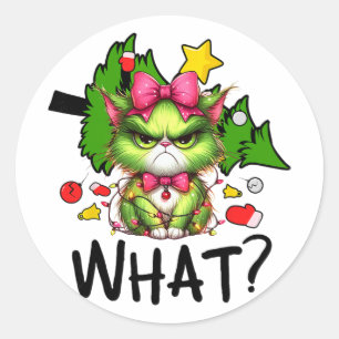 Sticker Rond Arbre de Noël Chat Vert Drôle Noël Humour Joyeux